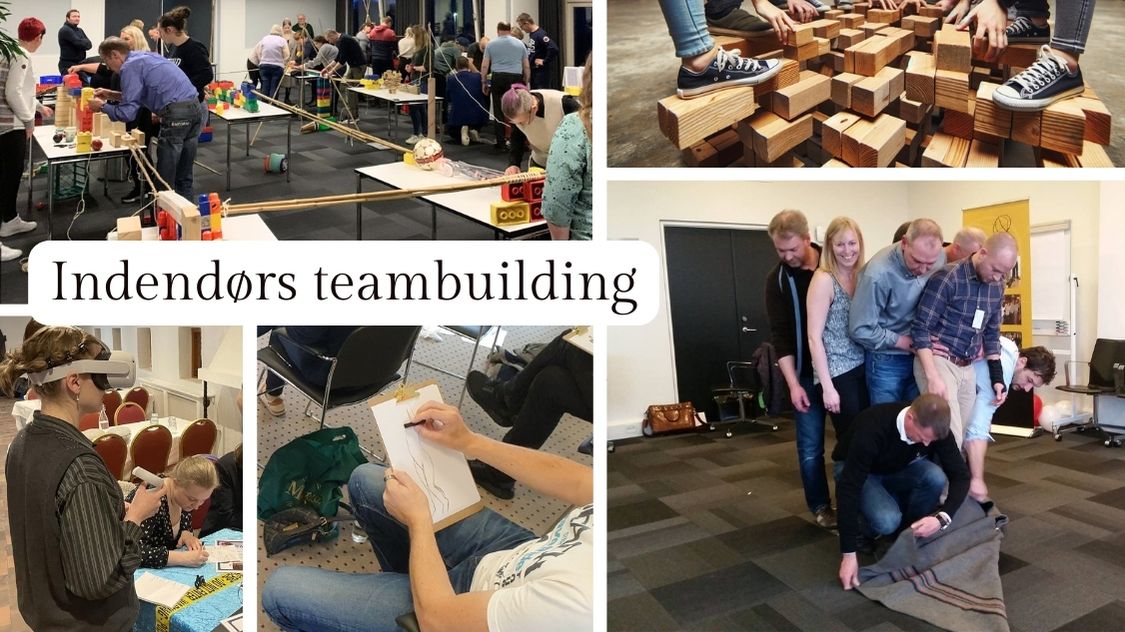 Billedet viser en collage af indendørs teambuildingaktiviteter, hvor deltagerne engagerer sig i kreative og samarbejdsfokuserede udfordringer. Her ses VR-briller, byggeleg med klodser, tegneopgaver og koordinationstræning. Alt foregår i afslappede omgivelser, som stimulerer kommunikation, problemløsning og fællesskab. Perfekt til kontorvenlige teambuildingdage.