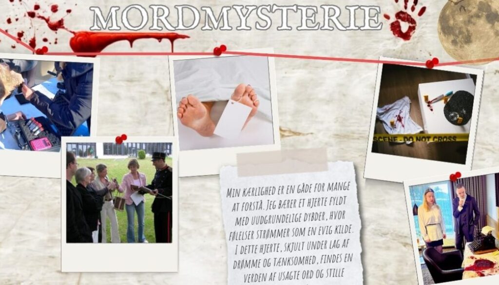Billedet viser en dramatisk og spændende præsentation af en mordgåde-aktivitet, hvor deltagerne skal opklare et fiktivt mord gennem spor, vidneforklaringer og analyse. Stemningen er intens og mystisk, med billeder af gerningssteder, afhøringer og efterforskning. Perfekt som teambuilding med fokus på samarbejde, logisk tænkning og en god portion krimistemning.
