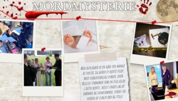 Billedet viser en dramatisk og spændende præsentation af en mordgåde-aktivitet, hvor deltagerne skal opklare et fiktivt mord gennem spor, vidneforklaringer og analyse. Stemningen er intens og mystisk, med billeder af gerningssteder, afhøringer og efterforskning. Perfekt som teambuilding med fokus på samarbejde, logisk tænkning og en god portion krimistemning.