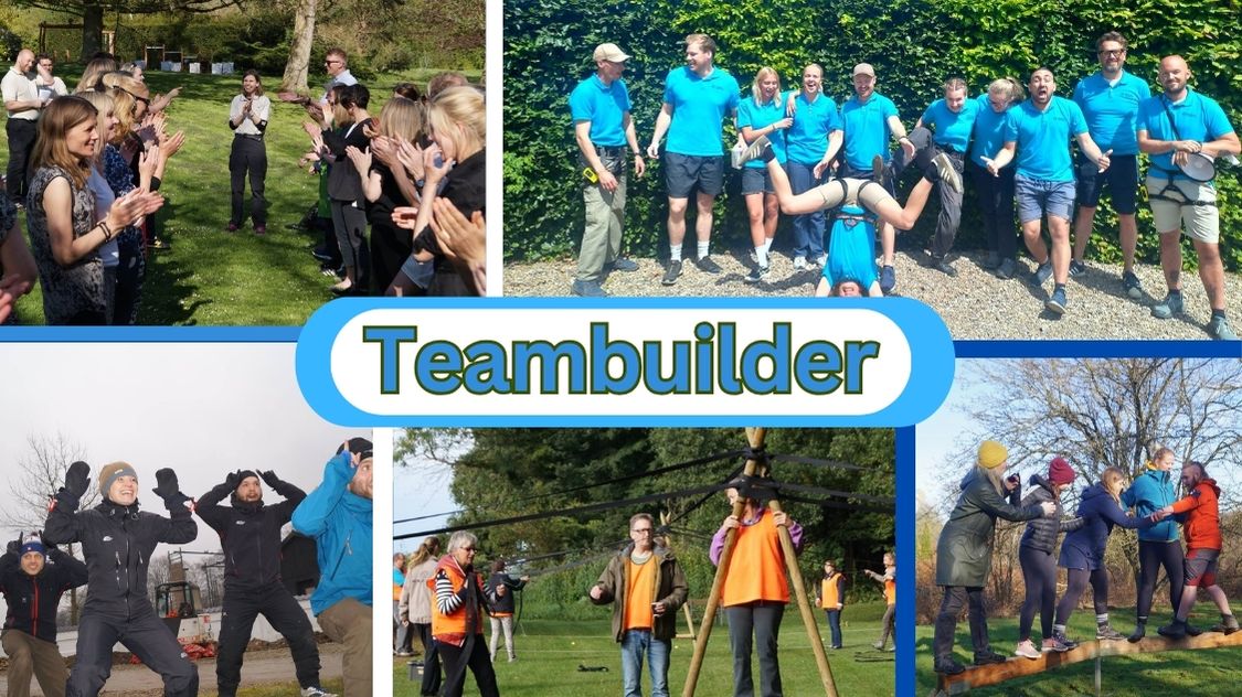 Billedet viser forskellige udendørs teambuilding-aktiviteter, hvor deltagerne samarbejder, griner og udfordrer hinanden fysisk og mentalt. Det hele foregår i naturskønne omgivelser, og fokus er på fællesskab, tillid og sjove oplevelser. Teksten "Teambuilder" understreger formålet: at styrke samarbejdet i teamet.