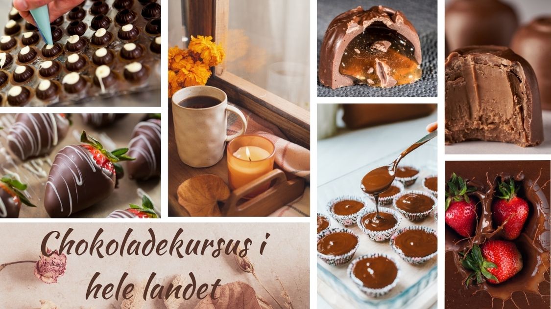 Billedet viser en lækker collage af chokoladefristelser – fyldte chokolader, jordbær dyppet i chokolade og flydende chokolade i form. Stemningen er varm og hyggelig med kaffe, stearinlys og efterårsfarver, som giver følelsen af forkælelse og kreativ fordybelse. Billede tekst: Chokoladekursus i hele landet.