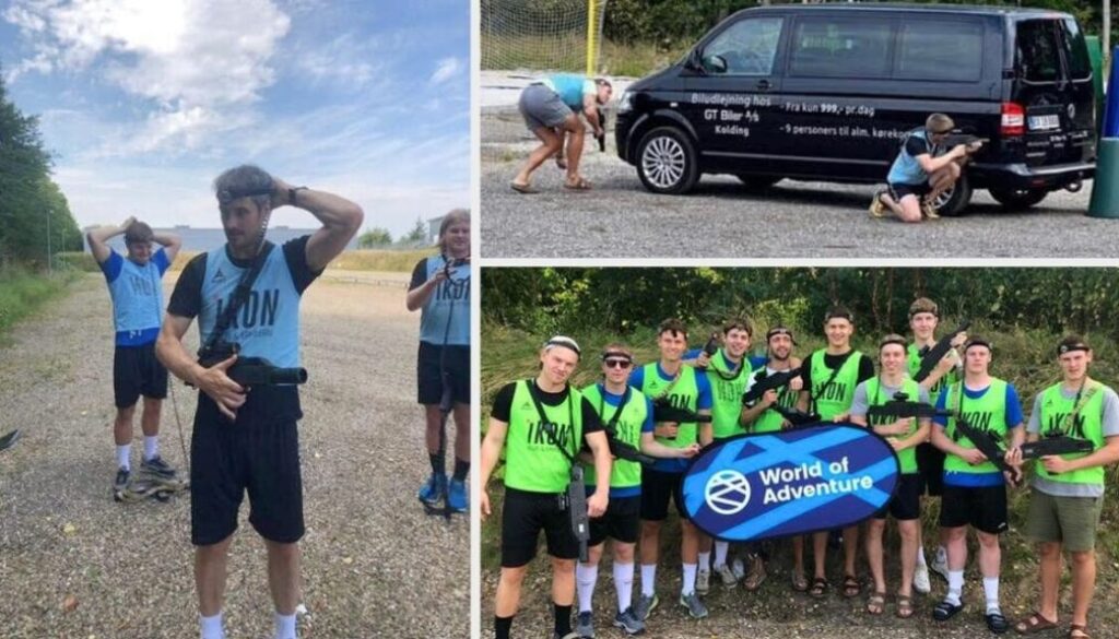 På billedet ses en gruppe unge mænd iført laserudstyr og kampgejst, klar til teambuilding i form af Lasergame. Der er intens koncentration, teamwork og masser af grin. De bruger både biler og naturen som skjul, hvilket skaber en actionfyldt og underholdende oplevelse.