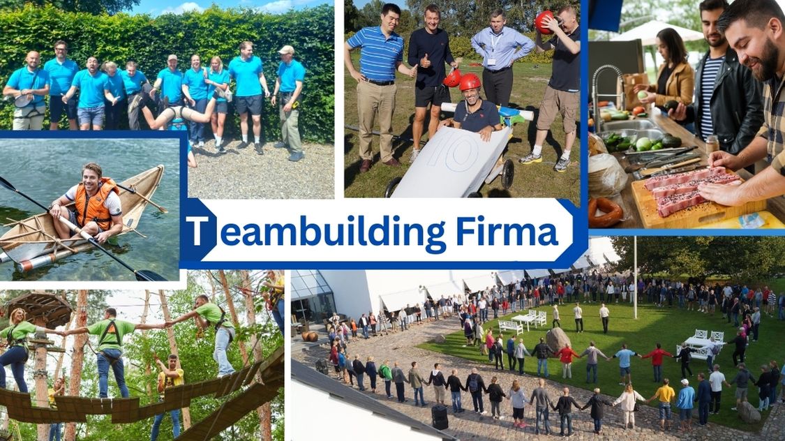 Billedet viser et udpluk af forskellige teambuilding-aktiviteter i et firma. Der er både udendørs samarbejdsøvelser, hvor deltagerne danner en stor cirkel, klatreaktiviteter i træerne og fælles madlavning. På billedet ses også glade kolleger i blå t-shirts, der nyder oplevelsen, og et billede af en mand i en kajak. Det hele udstråler energi, samarbejde og fællesskab. billedtekst: ''teambuilding firma''