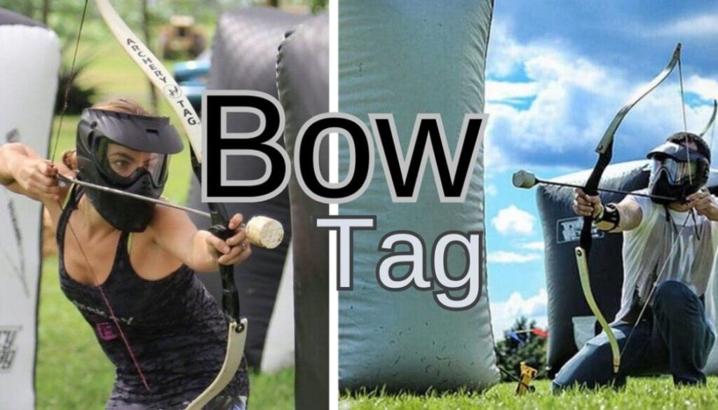Billedet viser teambuildingaktiviteten Bow Tag, hvor deltagerne – udstyret med bue, pile med skumspidser og beskyttelsesmasker – kæmper i en actionfyldt kamp, der minder om paintball, bare med buer og pile. Spillet kombinerer strategi, adræthed og teamwork og foregår udendørs på en bane med oppustelige skjul. En sjov og adrenalinfyldt oplevelse for både kolleger og venner.