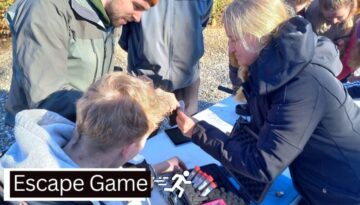 Billedet viser en gruppe engagerede deltagere i gang med en spændende udendørs Escape Game-aktivitet. De samarbejder om at løse en gåde ved hjælp af ledetråde og små redskaber, mens de er samlet omkring et bord. Stemningen er intens og fokuseret, og aktiviteten kombinerer teambuilding med sjov og udfordring i det fri.