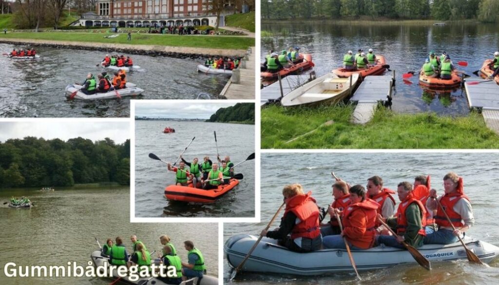 Billedet viser en collage af glade deltagere i redningsveste, der padler afsted i gummibåde på søer og havneområder. Gummibådregatta er en sjov og aktiv teambuilding-aktivitet, hvor holdene konkurrerer i samarbejde, rytme og koordination. Med masser af grin og vandplask.