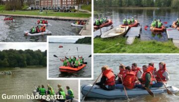 Billedet viser en collage af glade deltagere i redningsveste, der padler afsted i gummibåde på søer og havneområder. Gummibådregatta er en sjov og aktiv teambuilding-aktivitet, hvor holdene konkurrerer i samarbejde, rytme og koordination. Med masser af grin og vandplask.