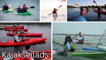 Billedet viser forskellige scener fra teambuildingaktiviteten Kajaksejlads. Deltagerne padler i enkelt- og dobbeltkajakker på søer og hav, omgivet af smuk natur. Aktiviteten kombinerer motion, samarbejde og naturoplevelse – perfekt til teams, der vil styrke sammenholdet med frisk luft og fælles udfordringer på vandet.