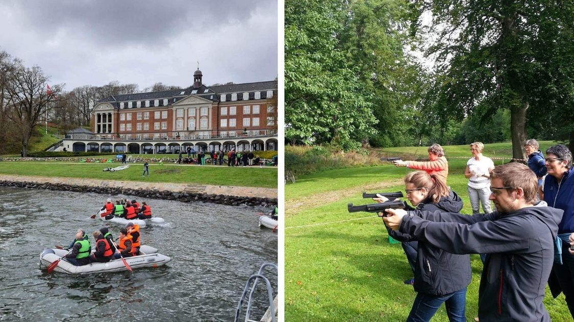 Billedet viser to intense scener fra teambuilding-aktiviteten Mission Impossible. Til venstre ses hold i gummibåde på vandet foran en storslået bygning, hvor de samarbejder om navigation og missioner. Til højre træner deltagerne deres præcision med laserpistoler i grønne omgivelser. 