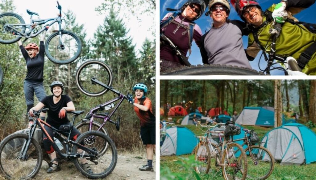 Billedet viser en energifyldt teambuildingaktivitet med mountainbike og camping. Deltagere i cykeludstyr smiler, poserer med deres cykler og nyder naturen. Nederst ses telte i en skov – hvilket antyder en flerdages tur med både action og socialt samvær. En oplagt aktivitet for teams, der søger eventyr, motion og fællesskab i det fri.