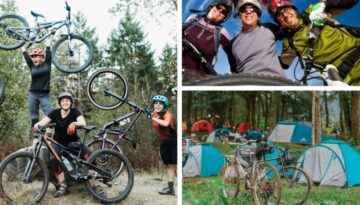 Billedet viser en energifyldt teambuildingaktivitet med mountainbike og camping. Deltagere i cykeludstyr smiler, poserer med deres cykler og nyder naturen. Nederst ses telte i en skov – hvilket antyder en flerdages tur med både action og socialt samvær. En oplagt aktivitet for teams, der søger eventyr, motion og fællesskab i det fri.