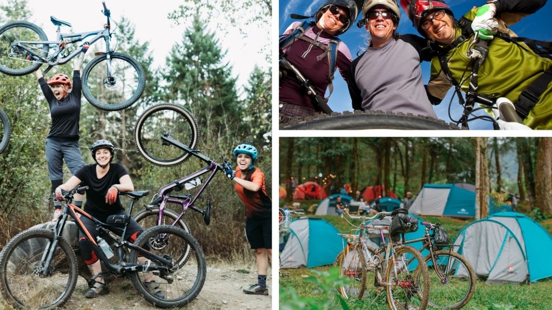 Billedet viser en energifyldt teambuildingaktivitet med mountainbike og camping. Deltagere i cykeludstyr smiler, poserer med deres cykler og nyder naturen. Nederst ses telte i en skov – hvilket antyder en flerdages tur med både action og socialt samvær. En oplagt aktivitet for teams, der søger eventyr, motion og fællesskab i det fri.