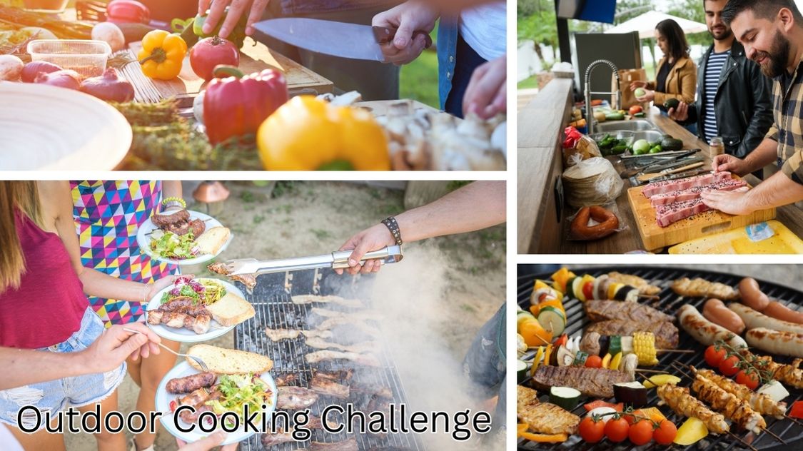 Billedet viser en collage af udendørs madlavning i fuld gang – fra forberedelse af friske grøntsager og kød til grillning og servering. Deltagere arbejder sammen i små teams, og stemningen er afslappet og hyggelig. Billedetekst: Outdoor Cooking Challenge.