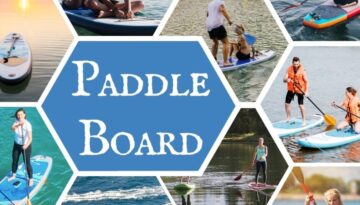 Billedet viser en livlig collage af mennesker, der nyder vandsport og teambuilding med paddleboarding på roligt vand. Nogle står, andre sidder eller padler i par, alt sammen i smukke, naturskønne omgivelser. Aktiviteten forener balance, bevægelse og hygge på en sjov og afslappet måde