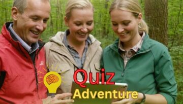 Billedet viser tre personer i naturen, der smilende kigger på en tablet – en del af teambuilding-aktiviteten Quiz Adventure. Aktiviteten kombinerer udendørs oplevelser med digitale quizzer, hvor deltagerne skal samarbejde om at løse spørgsmål og udfordringer undervejs. Sjov, lærerig og engagerende teambuilding i det fri.
