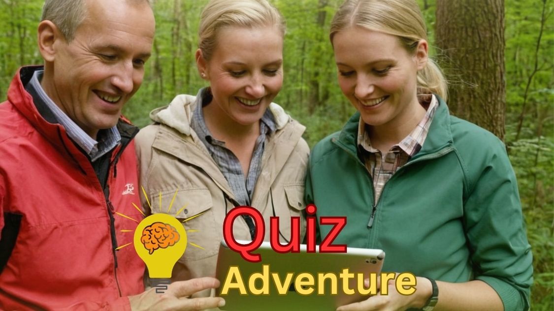Billedet viser tre personer i naturen, der smilende kigger på en tablet – en del af teambuilding-aktiviteten Quiz Adventure. Aktiviteten kombinerer udendørs oplevelser med digitale quizzer, hvor deltagerne skal samarbejde om at løse spørgsmål og udfordringer undervejs. Sjov, lærerig og engagerende teambuilding i det fri.