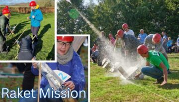 Billedet viser teambuildingaktiviteten Raket Mission, hvor deltagere i hjelme og sikkerhedsbriller samarbejder om at bygge og affyre vandraketter. Stemningen er energisk og spændingsfyldt, og aktiviteten foregår udendørs med fokus på teknik, kreativitet og teamwork. En sjov og lærerig udfordring for alle aldre.