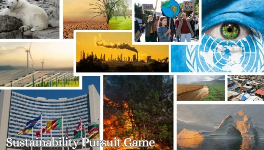 Billedet viser en collage med temaer som klimaforandringer, forurening, naturkatastrofer og bæredygtighed – ledsaget af teksten Sustainability Pursuit Game. Det illustrerer en teambuildingaktivitet, hvor deltagerne arbejder sammen om at løse globale udfordringer gennem spil, viden og strategi. Fokus er på bæredygtig udvikling, ansvar og samarbejde.