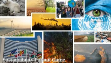 Billedet viser en collage med temaer som klimaforandringer, forurening, naturkatastrofer og bæredygtighed – ledsaget af teksten Sustainability Pursuit Game. Det illustrerer en teambuildingaktivitet, hvor deltagerne arbejder sammen om at løse globale udfordringer gennem spil, viden og strategi. Fokus er på bæredygtig udvikling, ansvar og samarbejde.