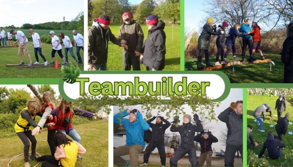 Billedet viser en collage af udendørs teambuildingaktiviteter, hvor deltagerne udfordres gennem samarbejde, balance, kommunikation og tillid. Der er bl.a. øvelser med bind for øjnene, fælles bevægelser og samarbejdslege – alt sammen med fokus på at styrke fællesskab og teambånd. Teksten "Teambuilder" opsummerer formålet med aktiviteterne.
