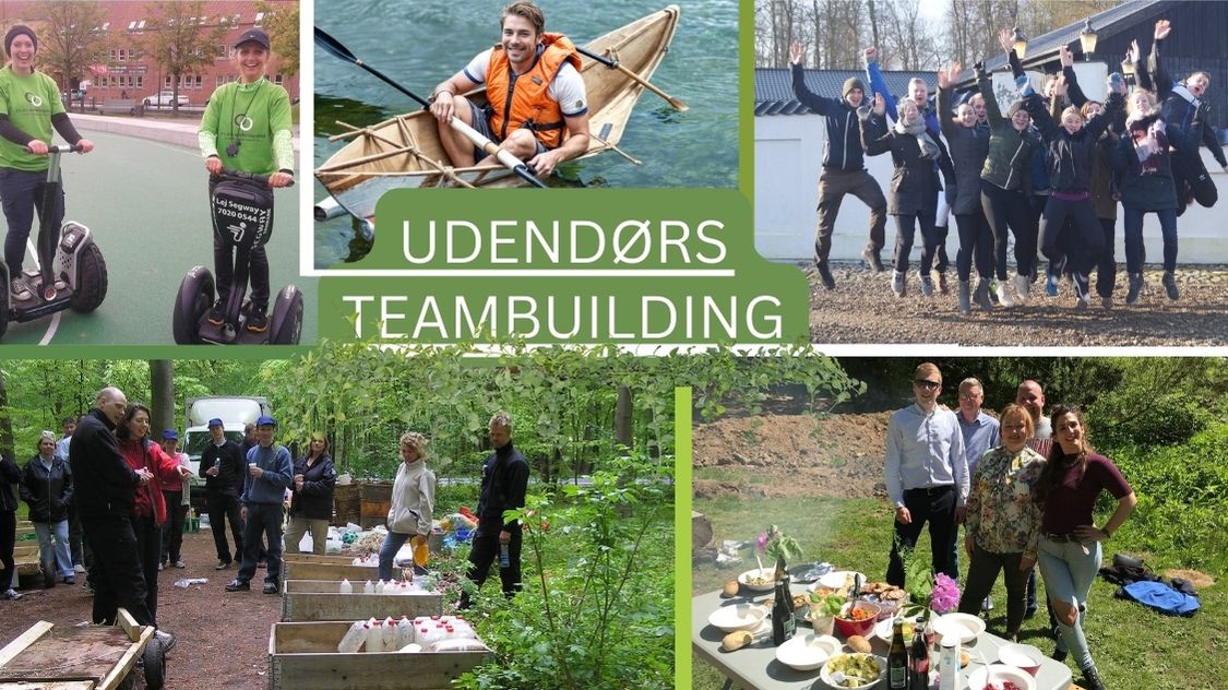 Billedet viser en collage af udendørs teambuildingaktiviteter, hvor deltagerne nyder sjove og varierede udfordringer i naturen. Her ses bl.a. Segway-kørsel, kajaksejlads, kreative samarbejdsopgaver i skoven, fællesspisning samt et hold, der springer i jubel. Stemningen er afslappet, aktiv og social.
