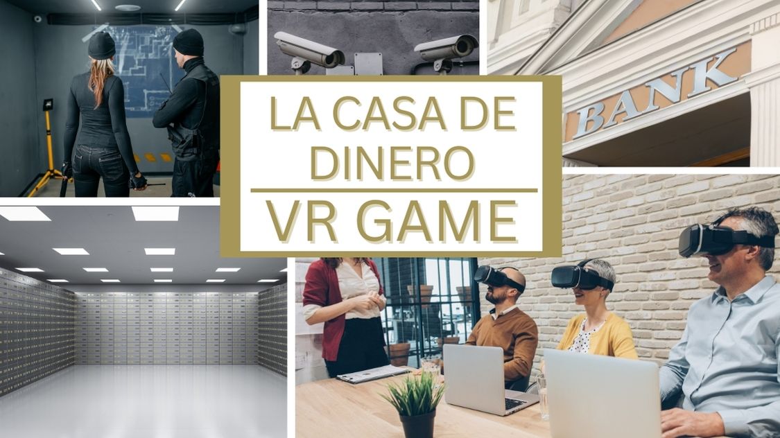 Billedet viser en VR-teambuildingaktivitet inspireret af et bankkup. Deltagerne sidder med VR-briller, mens billeder af bank, pengeskabe, overvågning og planlægning skaber en spændende og dramatisk stemning.