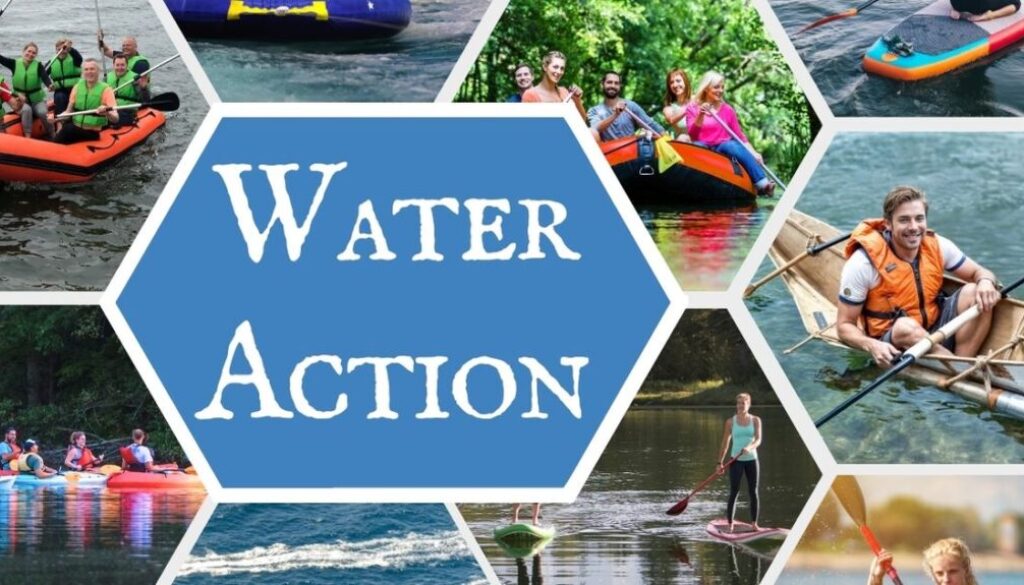 Billedet viser en energifyldt collage af deltagere, der prøver forskellige former for vandsport og actionfyldte aktiviteter på vandet – som rafting, kajak, hop2float, paddleboard og bådture. Det hele foregår i smukke naturomgivelser.