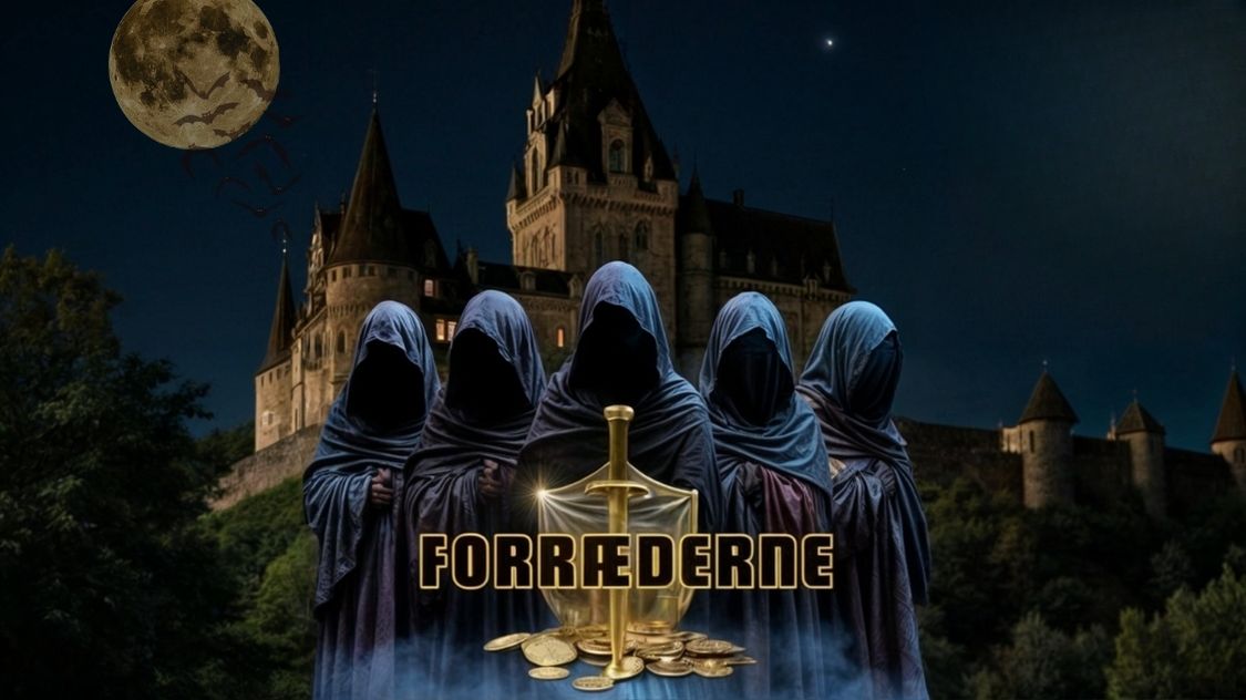 Billedet viser en mørk og mystisk scene med en borg i baggrunden og fem hætteklædte skikkelser i forgrunden. Midt i billedet står ordet "Forræderne" over et gyldent sværd og en bunke mønter, hvilket antyder et spil fyldt med bedrag, strategi og skjulte alliancer. En intens og spændende teambuilding-aktivitet, hvor deltagerne skal gennemskue, hvem der er til at stole på – og hvem der er forræderen.