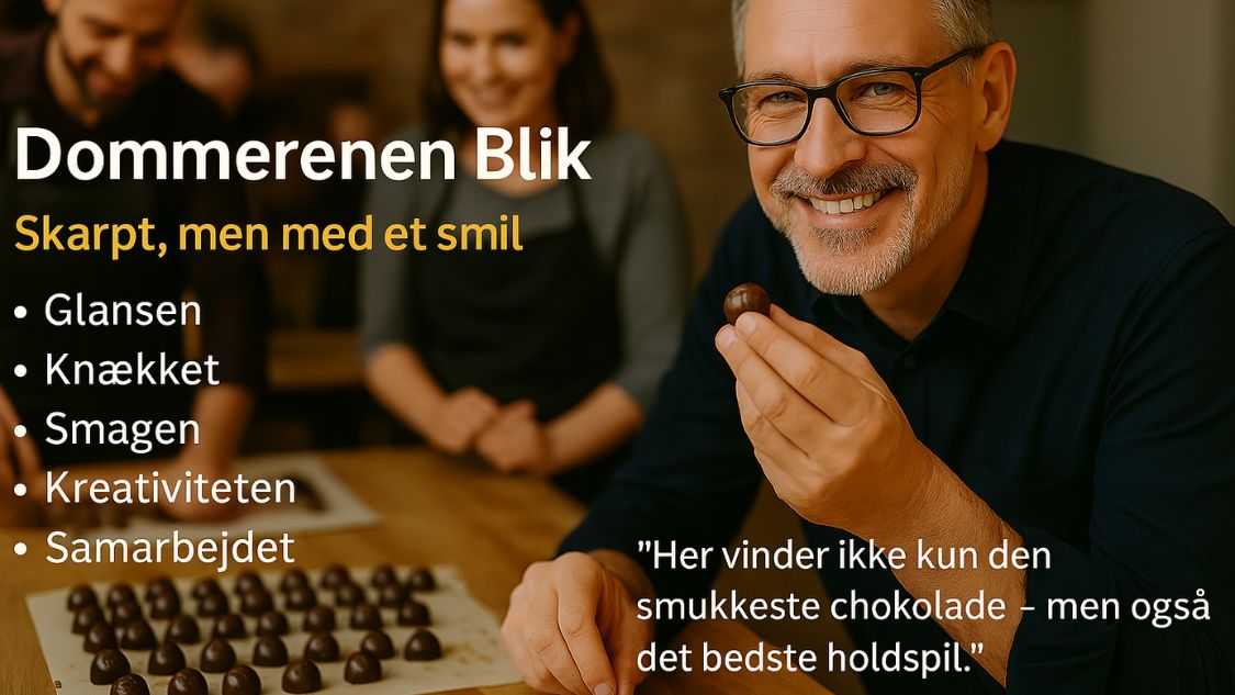 Billedet viser en smilende dommer, der vurderer håndlavede chokolader med både ekspertise og varme. Fokus er på teambuilding, hvor deltagernes kreationer bedømmes ud fra glans, knæk, smag, kreativitet og samarbejde. Citatet understreger, at det ikke kun handler om det flotteste resultat – men også om at arbejde godt sammen. En sjov og velsmagende aktivitet, hvor alle kan være med.