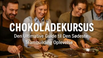 Billedet viser en gruppe voksne, der smilende arbejder sammen i et chokoladekøkken. De er i fuld gang med at forme og dekorere håndlavede chokolader, og stemningen er præget af kreativitet, nærvær og glæde. Teksten "Chokoladekursus – Den Ultimative Guide til Den Søde Teambuilding Oplevelse" fremhæver, at kurset ikke blot handler om chokolade, men også om samarbejde og fællesskab i en hyggelig og lærerig atmosfære.