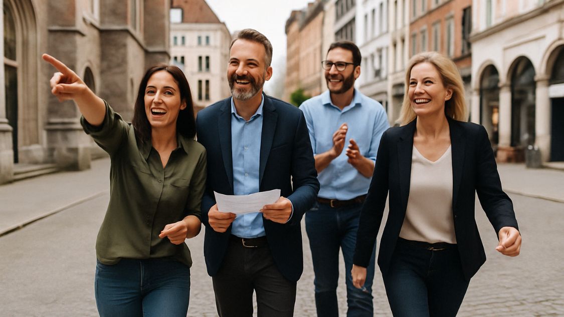 På billedet ser vi fire kolleger, der deltager i en aktiv og engageret City Adventure-teambuilding i byens gader. De bevæger sig målrettet fremad, og stemningen er fuld af energi og smil. Den ene deltager peger fremad, mens en anden holder et papir – sandsynligvis en opgave eller et kort – og resten klapper og griner. Gruppen virker fokuseret, samarbejdende og opløftede, som om de netop har løst en udfordring eller er på vej mod næste ledetråd. 