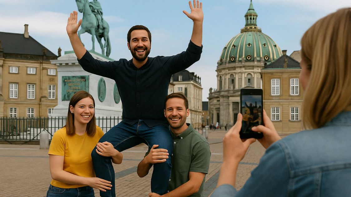 På billedet ser vi en gruppe glade mennesker midt i en teambuilding-aktivitet i København – præcis foran Marmorkirken og rytterstatuen på Amalienborg Slotsplads. Én person bliver løftet op på skuldrene af to andre, mens en fjerde deltager tager et billede med sin mobiltelefon. Stemningen er afslappet, energisk og fyldt med smil og fællesskab – det hele foregår udendørs i historiske og ikoniske omgivelser. Dette er et tydeligt eksempel på en “City Adventure” teambuilding-aktivitet, hvor samarbejde, sjov og opdagelse af byen går hånd i hånd.