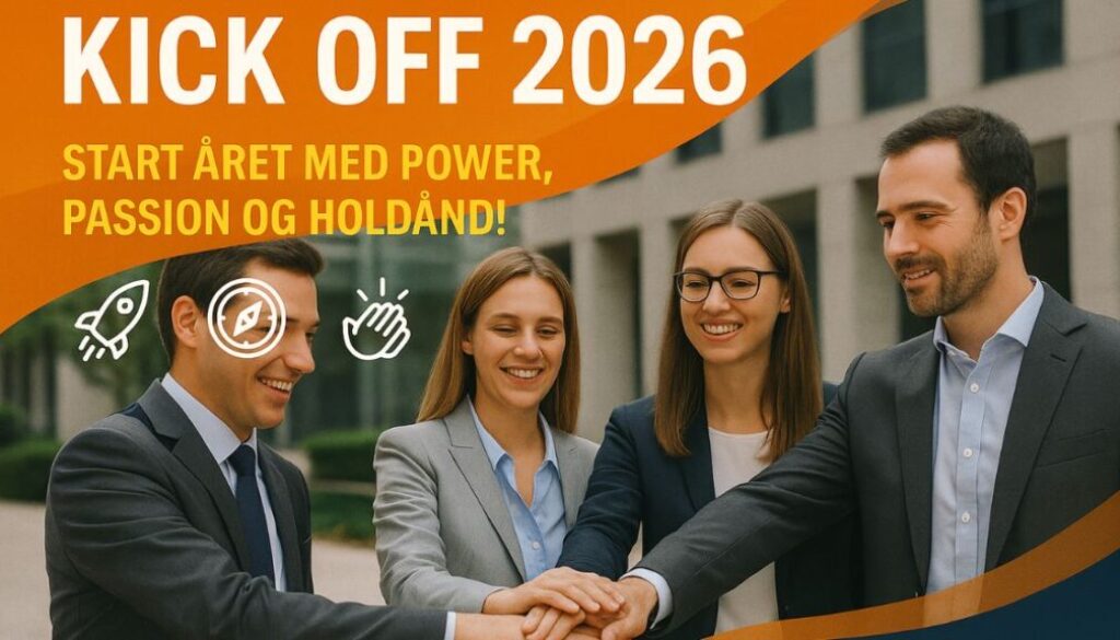 Fire kolleger står tæt samlet foran en moderne kontorbygning. De smiler og lægger hænderne oven på hinanden i en energisk og positiv gestus, der udtrykker fællesskab, samarbejde og motivation. Stemningen er professionel og optimistisk. Billedetekst ''KICK OFF 2026''