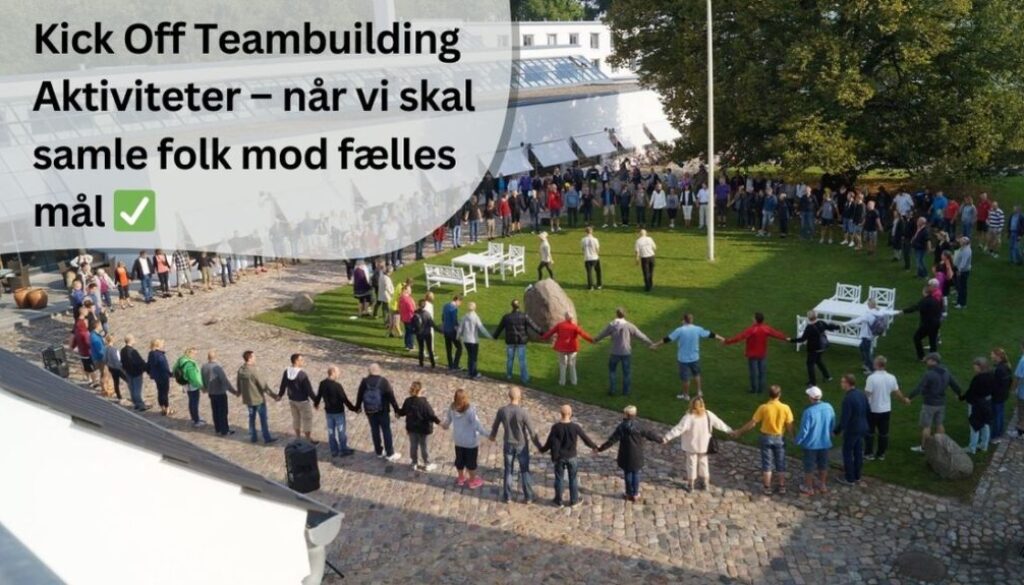 står i en stor cirkel og holder hinanden i hånden, hvilket skaber en stærk følelse af fællesskab og samarbejde. Arrangementet foregår på en grøn plæne foran en moderne bygning med store glaspartier og hvide facader. Stemningen virker positiv og engageret, og det ser ud til at være en del af et Kick Off-event. I forgrunden er der brosten og nogle store sten, og vejret er klart med solskin, hvilket bidrager til en behagelig atmosfære.