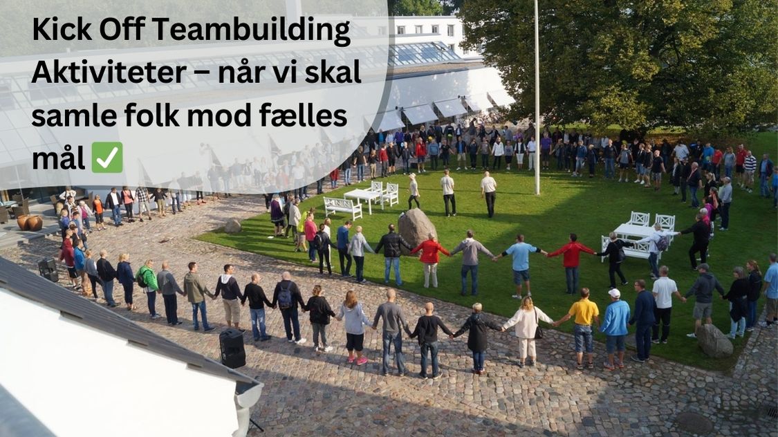 står i en stor cirkel og holder hinanden i hånden, hvilket skaber en stærk følelse af fællesskab og samarbejde. Arrangementet foregår på en grøn plæne foran en moderne bygning med store glaspartier og hvide facader. Stemningen virker positiv og engageret, og det ser ud til at være en del af et Kick Off-event. I forgrunden er der brosten og nogle store sten, og vejret er klart med solskin, hvilket bidrager til en behagelig atmosfære.