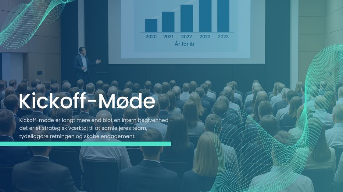 Billedet viser et professionelt kickoff-møde, hvor en oplægsholder præsenterer for en fyldt sal. På lærredet ses en graf over årene 2020 til 2023, som symboliserer vækst og udvikling. Teksten understreger, at et kickoff-møde ikke blot er en intern begivenhed, men et strategisk værktøj til at samle teamet, skabe retning og engagere medarbejderne. Designet og stemningen signalerer seriøsitet og fremtidsfokus.
