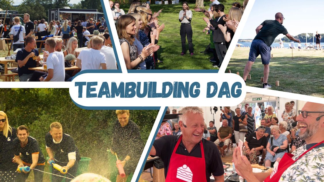 Billedet viser en collage af forskellige teambuilding-aktiviteter med glade deltagere. Der er udendørs lege, fællesspisning, vandkonkurrencer, madlavning og oplæg – alt sammen med fokus på fællesskab og sjov. Billedetekst ''Teambuilding Dag''