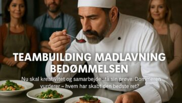 Billedet viser en koncentreret kok, der smager på en ret, mens deltagere ser til i baggrunden. Teksten fremhæver en central del af teambuilding med madlavning: bedømmelsen. Her sættes samarbejde og kreativitet på prøve, når dommeren afgør, hvem der har lavet den bedste ret.