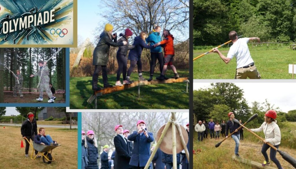 Billedet viser forskellige udendørs teambuilding-aktiviteter under temaet “Olympiade”. Deltagerne udfordres i klassiske discipliner som balanceøvelser, samarbejdslege, stafetløb med trillebør og præcisionskast. Man ser også dyste med kæppe og øvelser, hvor balance og tillid er afgørende. Alt foregår i naturskønne omgivelser med masser af grin og kampgejst – en perfekt kombination af leg, konkurrence og samarbejde.