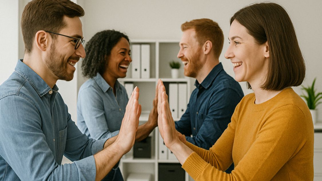 På billedet ser vi to par kolleger, der står over for hinanden og laver en simpel og sjov teambuilding-øvelse, hvor de giver hinanden “high fives” i takt. Stemningen er fyldt med latter, nærvær og glæde. Aktiviteten foregår indendørs i et kontormiljø og kræver hverken særligt udstyr eller meget plads – blot godt humør og samarbejde.