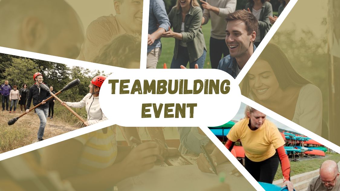 Billedet viser et teambuilding-event med mange glade mennesker, der deltager i forskellige aktiviteter både udendørs og indendørs. I midten står der tydeligt "Teambuilding Event", mens man kan se smilende deltagere, fysiske udfordringer som balancering og dueller med store puder, og samarbejdsøvelser. Stemningen er livlig og energisk, hvilket understreger formålet med at styrke fællesskabet.